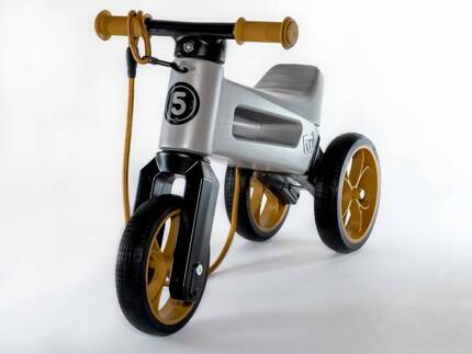 FWRider Super Sport 517498 Kolor: Grey / Szary z brązowymi felgami Rowerek biegowy Jeździk 2w1 Ciche koła + Pasek do noszenia dla Rodzica