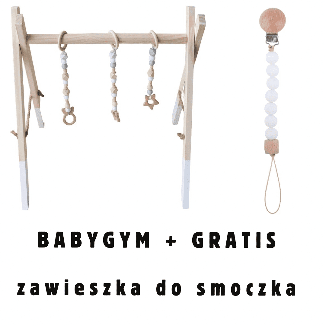 Stojak edukacyjny Baby Gym, drewniana siłownia, biały + GRATIS zawieszka do smoczka