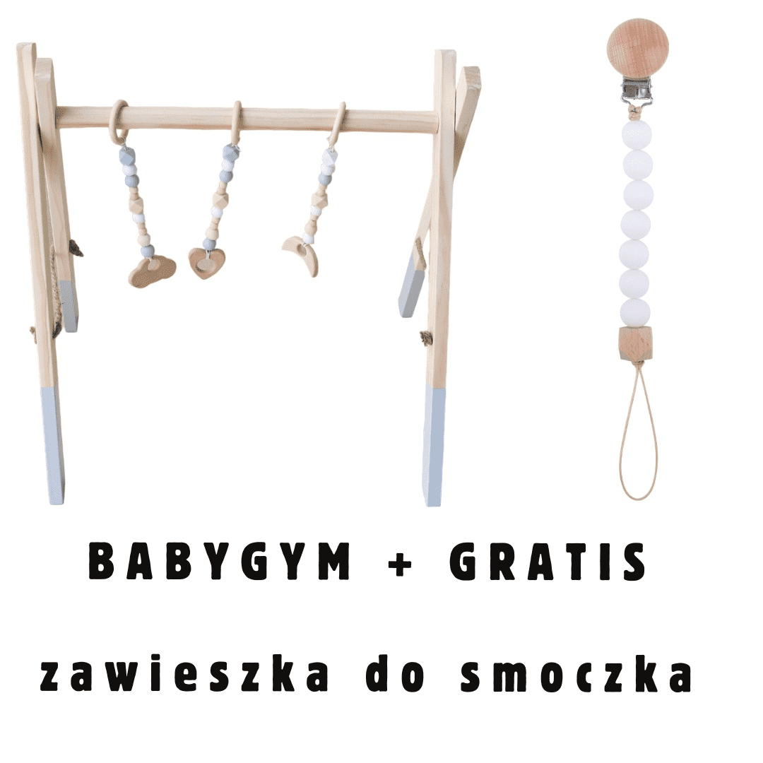 Stojak edukacyjny Baby Gym, drewniana siłownia, szary + GRATIS zawieszka do smoczka