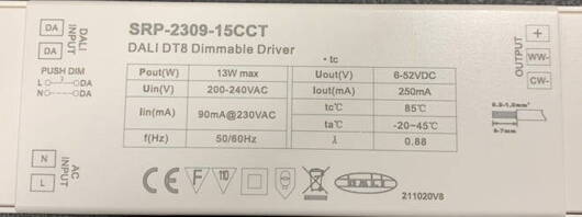 Zasilacz LED stałoprądowy CCT  DALI 15W  2X250mA DT8